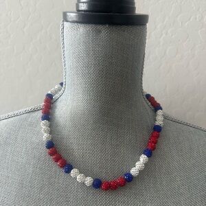 Red White & Blue Patriotic Bling Beaded Crystal Adjustable Baseball Necklace